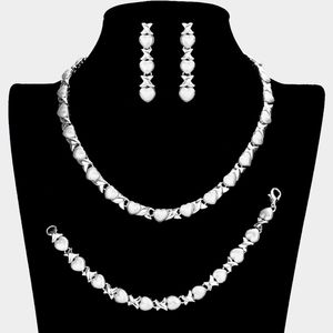Silver 3 Piece X and O Style Heart Necklace Jewelry Set Statement Chain